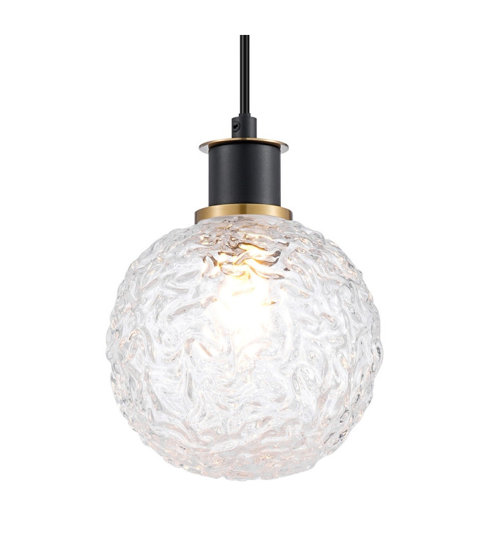 Placid 1.3m Pendant 1 Light E14 15cm Round Textured Crumple Glass Shade Brass Clear & Satin Black-7