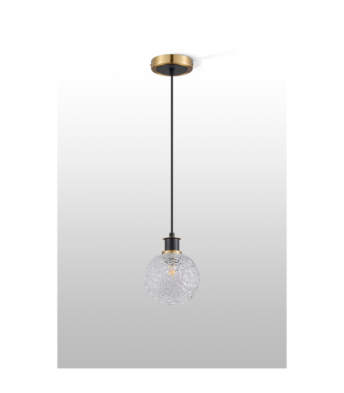 Placid 1.3m Pendant 1 Light E14 15cm Round Textured Crumple Glass Shade Brass Clear & Satin Black-8
