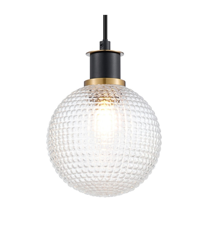 Placid 1.3m Pendant 1 Light E14 15cm Round Textured Diamond Pattern Glass Shade Brass Clear & Satin Black-7