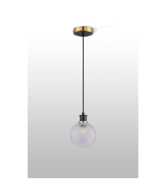 Placid 1.3m Pendant 1 Light E14 15cm Round Textured Diamond Pattern Glass Shade Brass Clear & Satin Black-8
