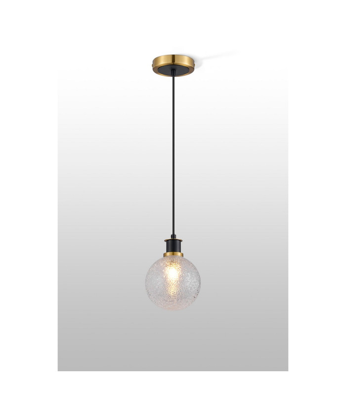 Placid 1.3m Pendant 1 Light E14 15cm Round Dimpled Glass Shade Brass Clear & Satin Black-3