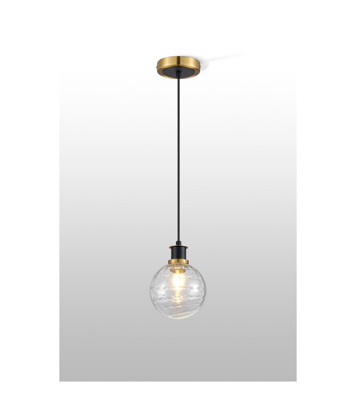 Placid 1.3m Pendant 1 Light E14 15cm Round Textured Melting Glass Shade Brass Clear & Satin Black-3