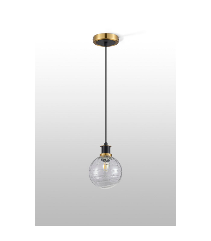 Placid 1.3m Pendant 1 Light E14 15cm Round Textured Melting Glass Shade Brass Clear & Satin Black-8