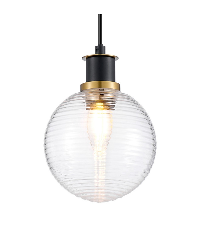 Placid 1.3m Pendant 1 Light E14 15cm Round Ribbed Glass Shade Brass Clear & Satin Black-6