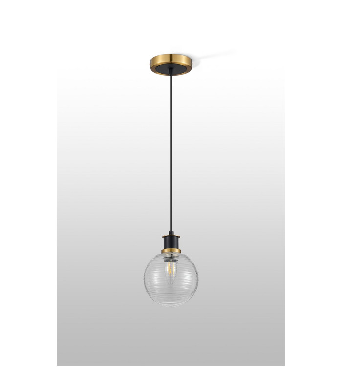 Placid 1.3m Pendant 1 Light E14 15cm Round Ribbed Glass Shade Brass Clear & Satin Black-7