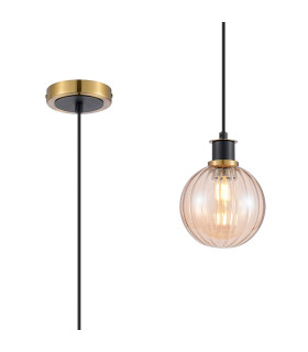 Placid 1.3m Pendant 1 Light E14 15cm Round Segment Glass Shade Brass Amber Plated & Satin Black-1