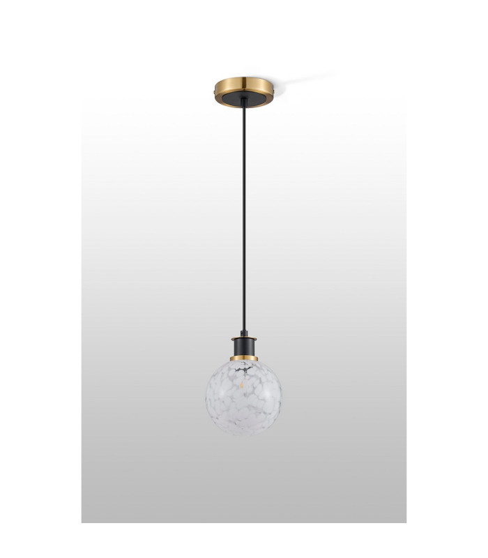 Placid 1.3m Pendant 1 Light E14 15cm Round Speckled Glass Shade Brass White & Satin Black-8
