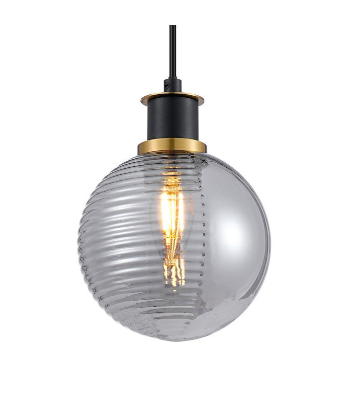 Placid 1.3m Pendant 1 Light E14 15cm Round Double Textured Smooth / Ribbed Glass Shade Brass Smoke Plated & Satin Black-6