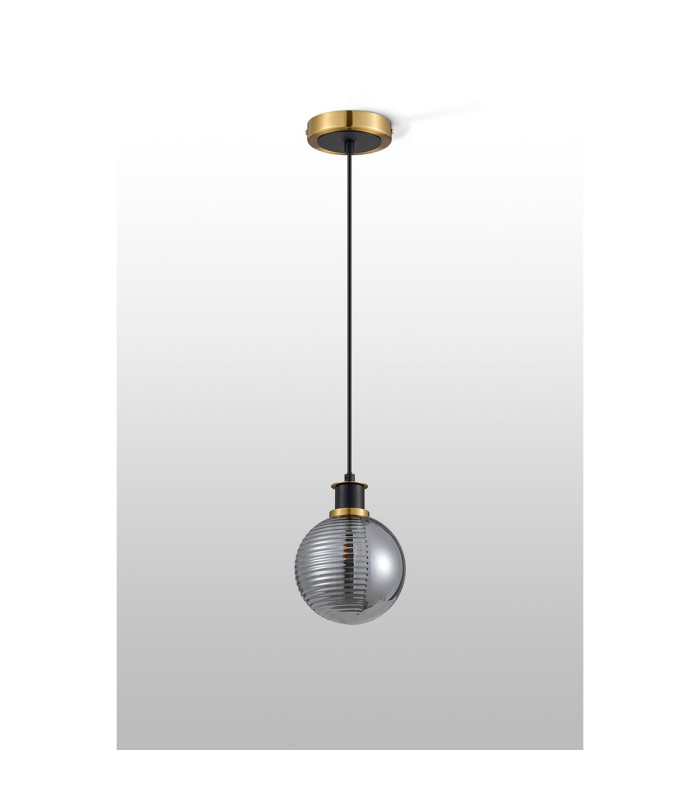 Placid 1.3m Pendant 1 Light E14 15cm Round Double Textured Smooth / Ribbed Glass Shade Brass Smoke Plated & Satin Black-7