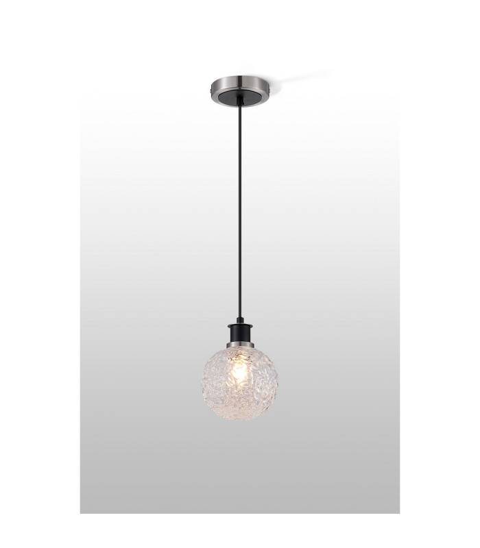 Placid 1.3m Pendant 1 Light E14 15cm Round Textured Crumple Glass Shade Satin Nickel Clear & Satin Black-3