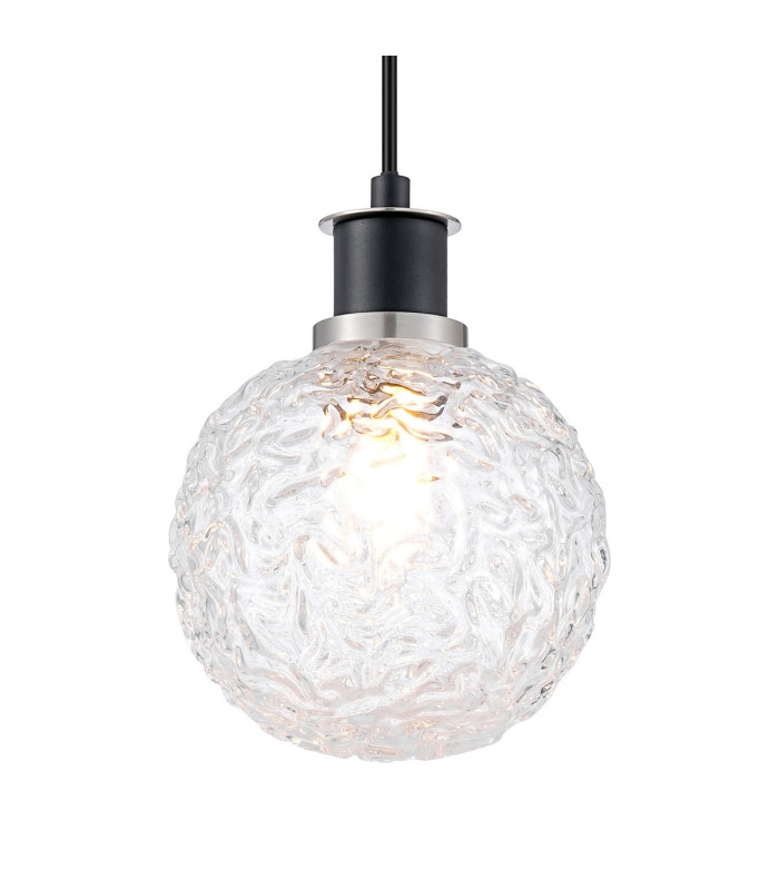 Placid 1.3m Pendant 1 Light E14 15cm Round Textured Crumple Glass Shade Satin Nickel Clear & Satin Black-7