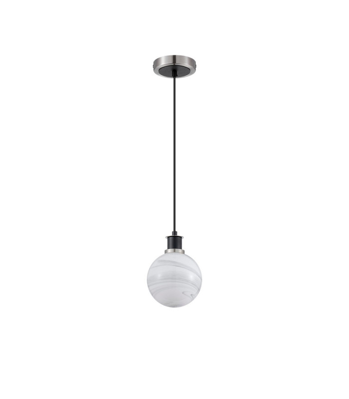 Placid 1.3m Pendant 1 Light E14 15cm Round White & Grey Marble Effect Glass Shade Satin Nickel & Satin Black Framework-4