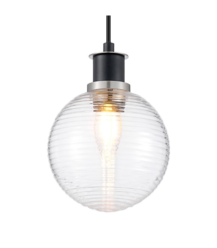Placid 1.3m Pendant 1 Light E14 15cm Round Ribbed Glass Shade Satin Nickel Clear & Satin Black-7
