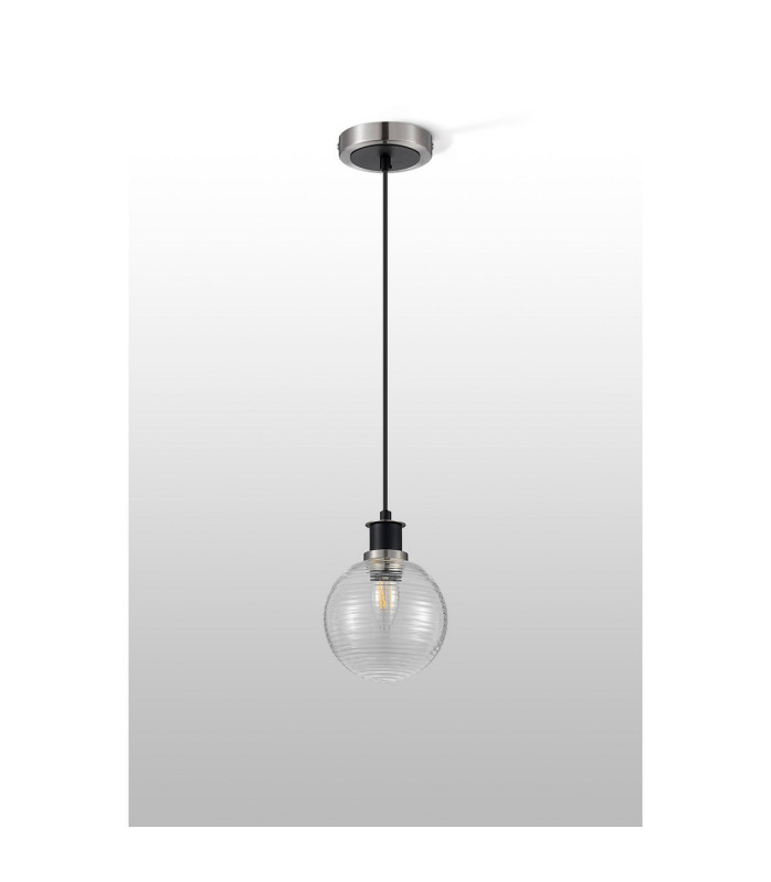 Placid 1.3m Pendant 1 Light E14 15cm Round Ribbed Glass Shade Satin Nickel Clear & Satin Black-8