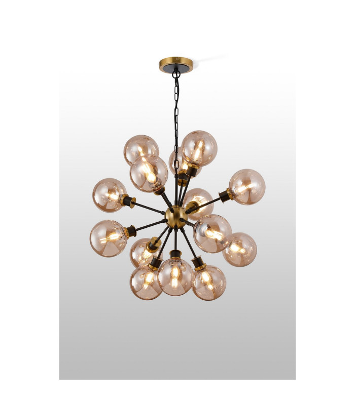 Placid 78cm Pendant 14 Light E14 15cm Round Glass Shade Brass Amber Plated & Satin Black-3
