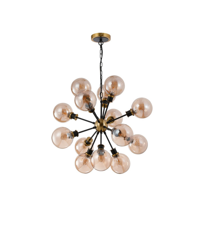 Placid 78cm Pendant 14 Light E14 15cm Round Glass Shade Brass Amber Plated & Satin Black-4