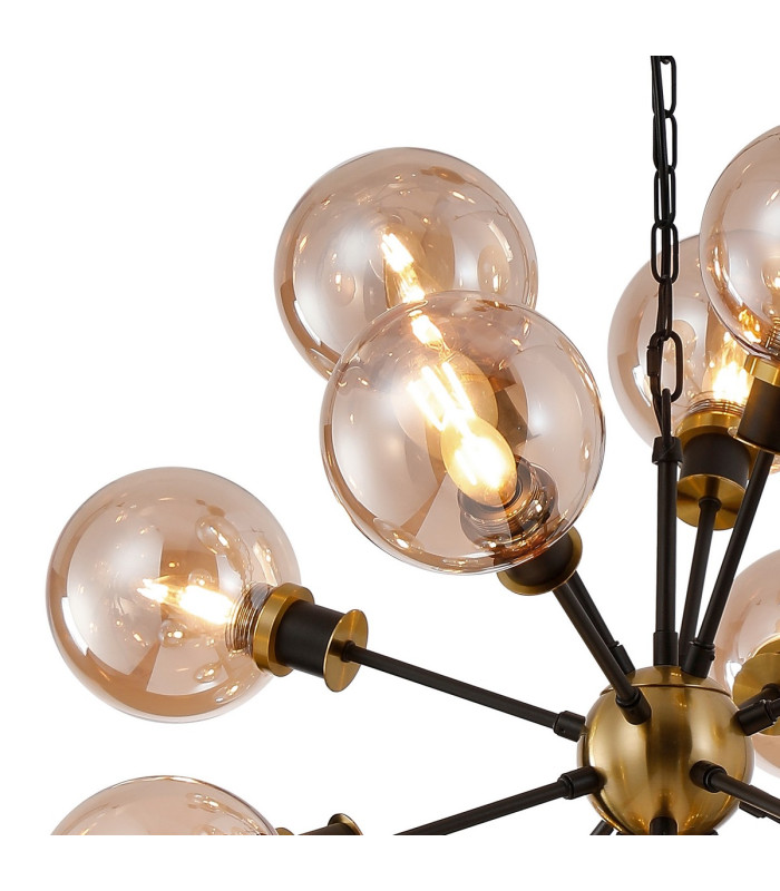 Placid 78cm Pendant 14 Light E14 15cm Round Glass Shade Brass Amber Plated & Satin Black-6