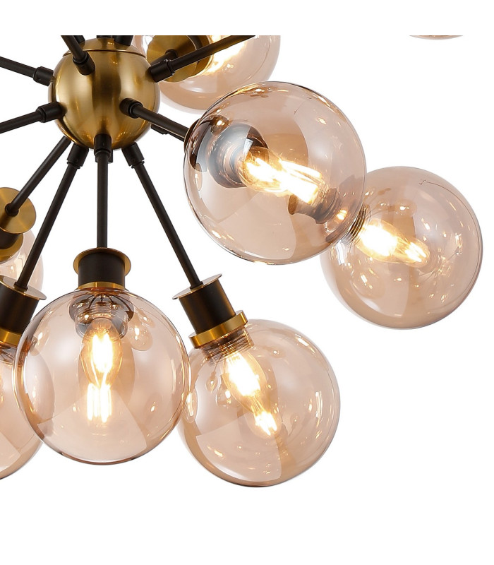 Placid 78cm Pendant 14 Light E14 15cm Round Glass Shade Brass Amber Plated & Satin Black-7