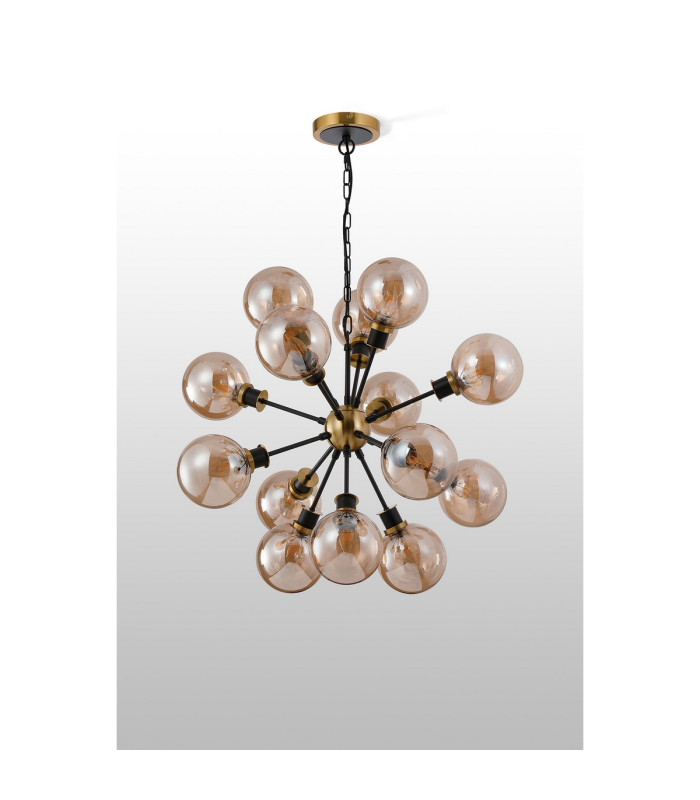 Placid 78cm Pendant 14 Light E14 15cm Round Glass Shade Brass Amber Plated & Satin Black-8