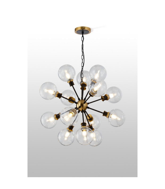Placid 78cm Pendant 14 Light E14 15cm Round Glass Shade Brass Clear & Satin Black-3