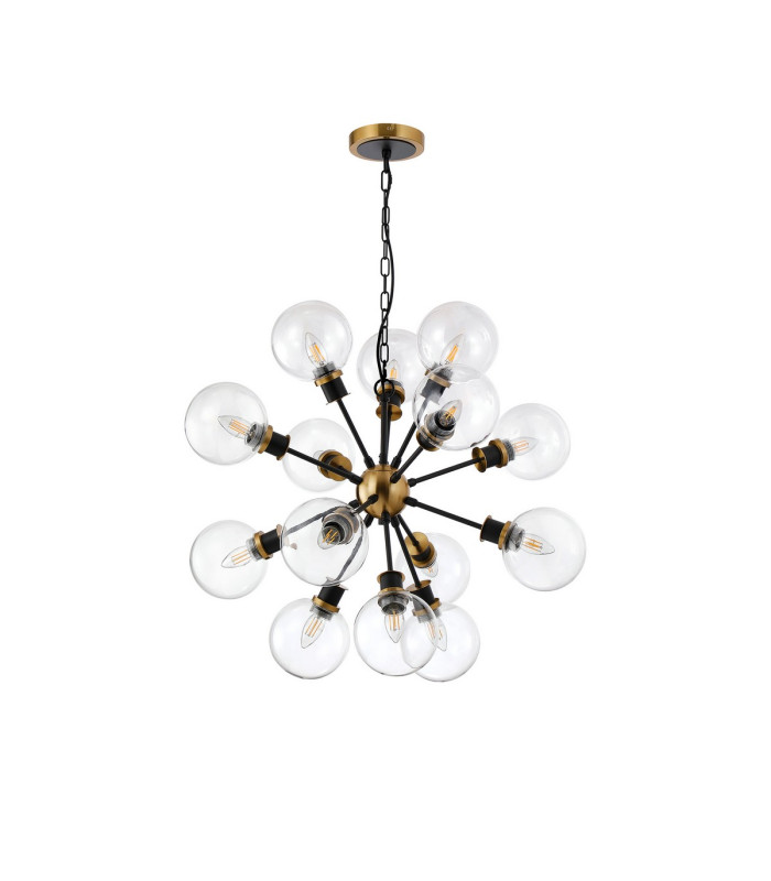Placid 78cm Pendant 14 Light E14 15cm Round Glass Shade Brass Clear & Satin Black-4