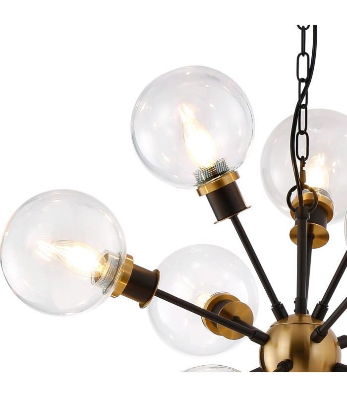 Placid 78cm Pendant 14 Light E14 15cm Round Glass Shade Brass Clear & Satin Black-6