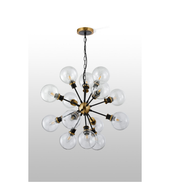 Placid 78cm Pendant 14 Light E14 15cm Round Glass Shade Brass Clear & Satin Black-8