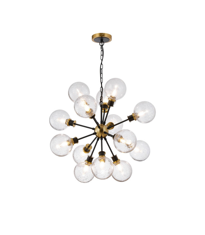 Placid 78cm Pendant 14 Light E14 15cm Round Crackled Glass Shade Brass Clear & Satin Black-1