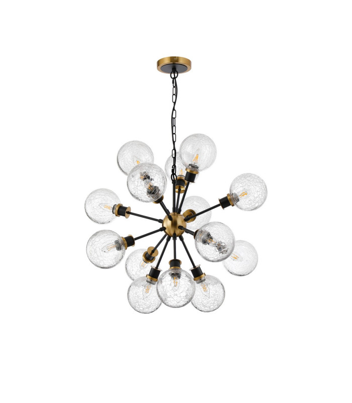 Placid 78cm Pendant 14 Light E14 15cm Round Crackled Glass Shade Brass Clear & Satin Black-3