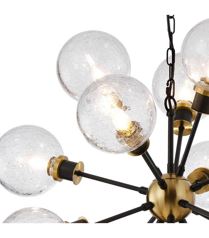 Placid 78cm Pendant 14 Light E14 15cm Round Crackled Glass Shade Brass Clear & Satin Black-5