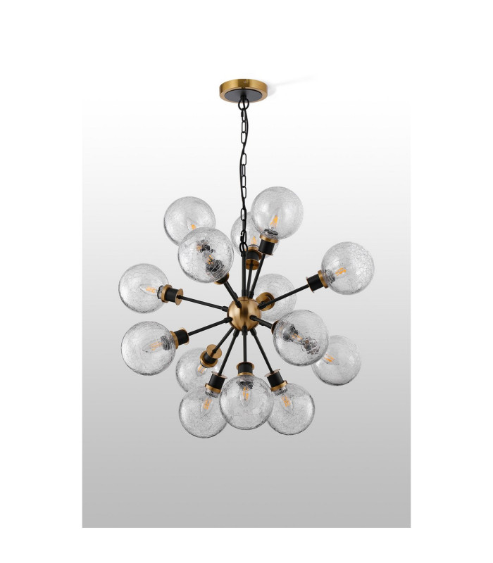 Placid 78cm Pendant 14 Light E14 15cm Round Crackled Glass Shade Brass Clear & Satin Black-7