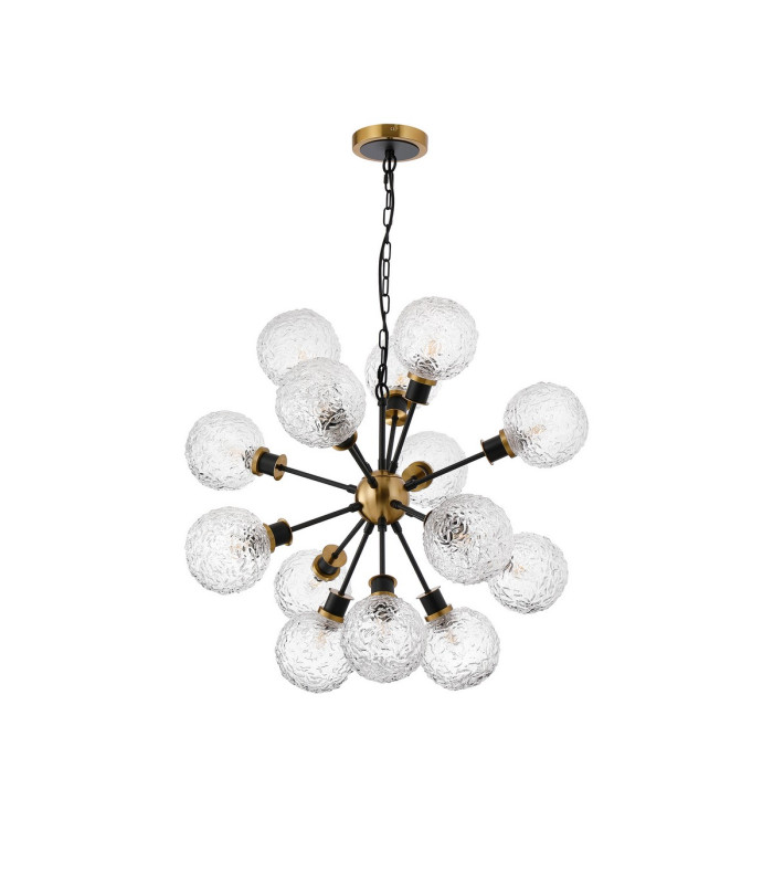 Placid 78cm Pendant 14 Light E14 15cm Round Textured Crumple Glass Shade Brass Clear & Satin Black-4