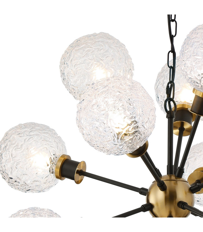 Placid 78cm Pendant 14 Light E14 15cm Round Textured Crumple Glass Shade Brass Clear & Satin Black-6