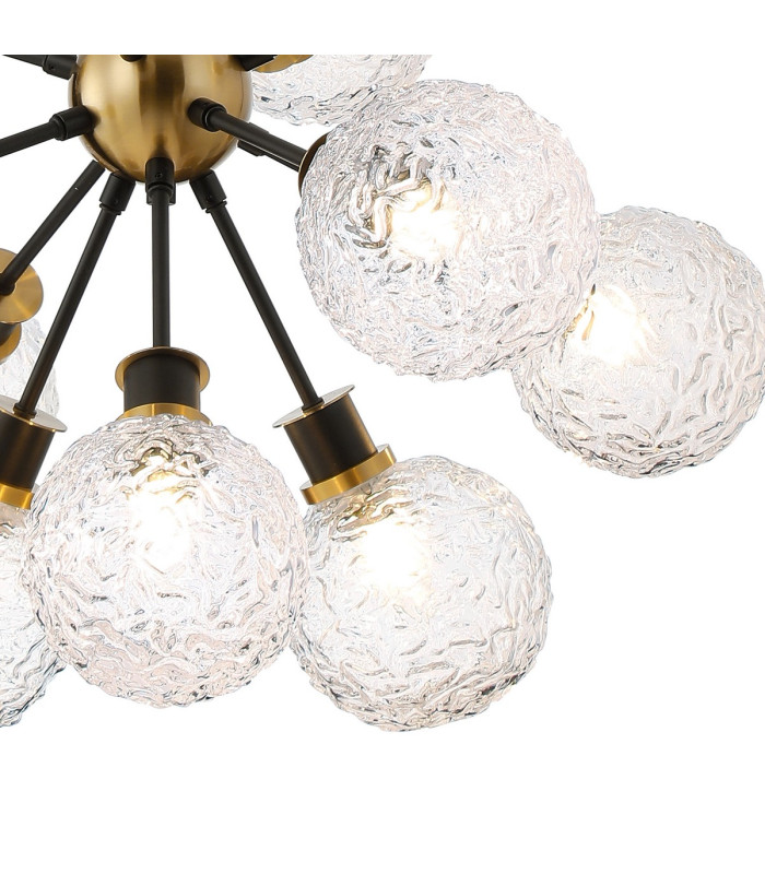 Placid 78cm Pendant 14 Light E14 15cm Round Textured Crumple Glass Shade Brass Clear & Satin Black-7