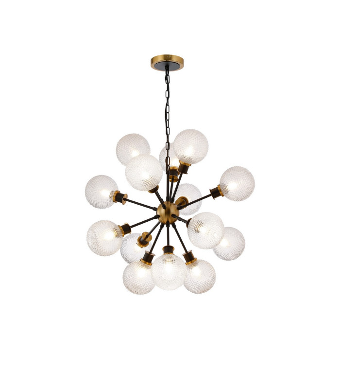 Placid 78cm Pendant 14 Light E14 15cm Round Textured Diamond Pattern Glass Shade Brass Clear & Satin Black-1