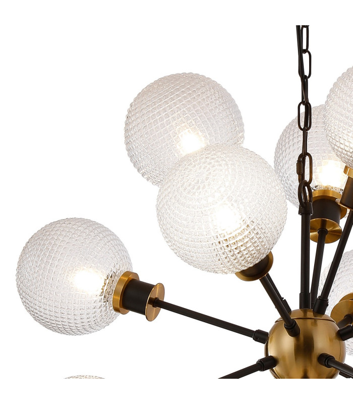 Placid 78cm Pendant 14 Light E14 15cm Round Textured Diamond Pattern Glass Shade Brass Clear & Satin Black-5