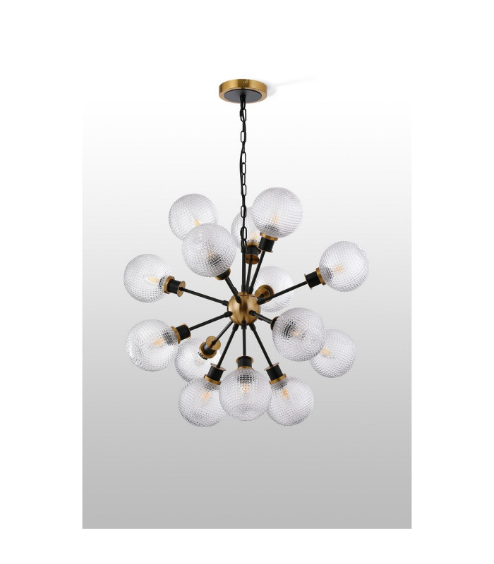 Placid 78cm Pendant 14 Light E14 15cm Round Textured Diamond Pattern Glass Shade Brass Clear & Satin Black-7