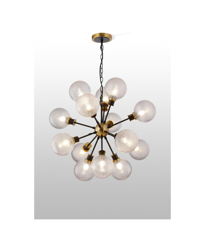 Placid 78cm Pendant 14 Light E14 15cm Round Dimpled Glass Shade Brass Clear & Satin Black-3