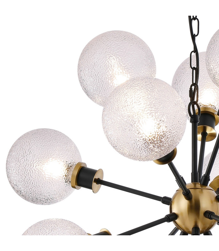 Placid 78cm Pendant 14 Light E14 15cm Round Dimpled Glass Shade Brass Clear & Satin Black-6
