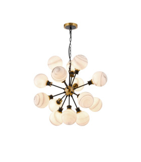 Placid 78cm Pendant 14 Light E14 15cm Round White & Grey Marble Effect Glass Shade Brass & Satin Black Framework-1