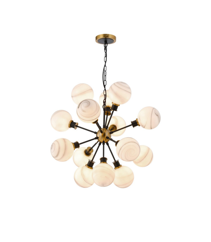 Placid 78cm Pendant 14 Light E14 15cm Round White & Grey Marble Effect Glass Shade Brass & Satin Black Framework-1