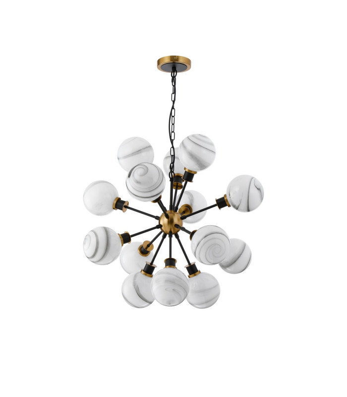 Placid 78cm Pendant 14 Light E14 15cm Round White & Grey Marble Effect Glass Shade Brass & Satin Black Framework-4