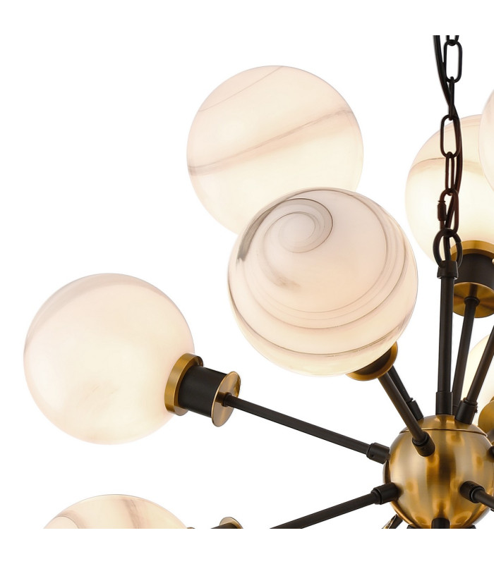 Placid 78cm Pendant 14 Light E14 15cm Round White & Grey Marble Effect Glass Shade Brass & Satin Black Framework-6