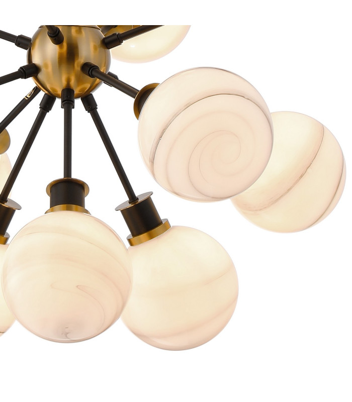 Placid 78cm Pendant 14 Light E14 15cm Round White & Grey Marble Effect Glass Shade Brass & Satin Black Framework-7
