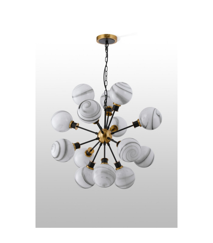 Placid 78cm Pendant 14 Light E14 15cm Round White & Grey Marble Effect Glass Shade Brass & Satin Black Framework-8
