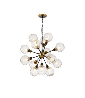 Placid 78cm Pendant 14 Light E14 15cm Round Textured Melting Glass Shade Brass Clear & Satin Black-1
