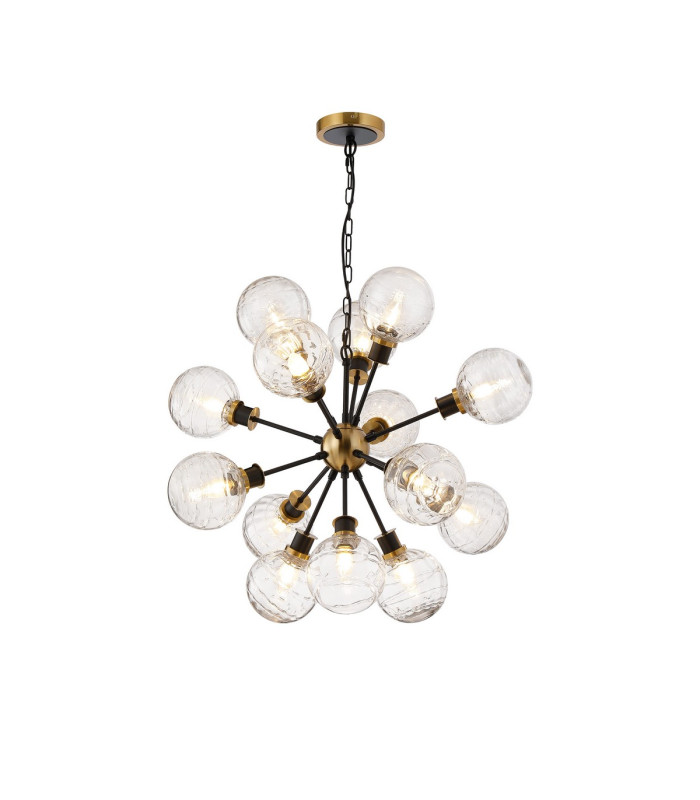 Placid 78cm Pendant 14 Light E14 15cm Round Textured Melting Glass Shade Brass Clear & Satin Black-1