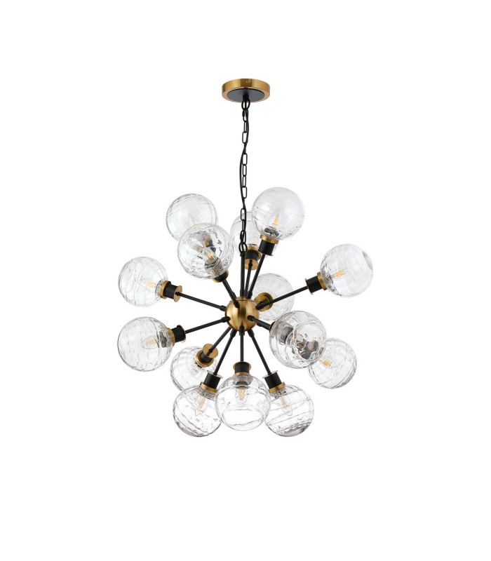 Placid 78cm Pendant 14 Light E14 15cm Round Textured Melting Glass Shade Brass Clear & Satin Black-4