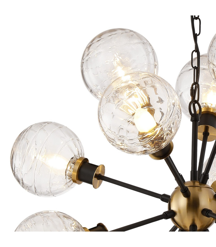 Placid 78cm Pendant 14 Light E14 15cm Round Textured Melting Glass Shade Brass Clear & Satin Black-6