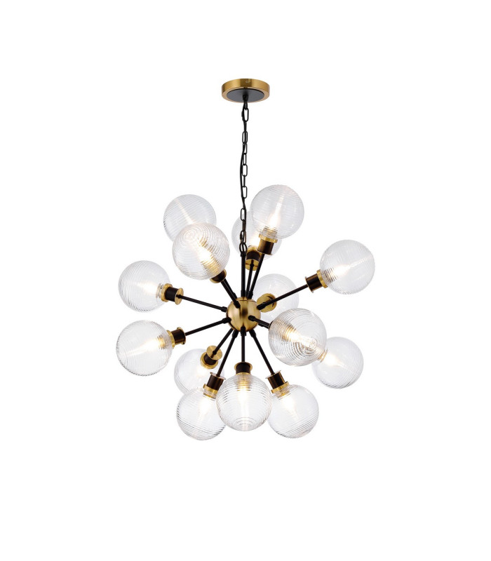 Placid 78cm Pendant 14 Light E14 15cm Round Ribbed Glass Shade Brass Clear & Satin Black-1
